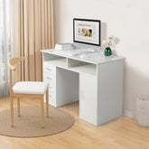 HAOYYE White Wood Grain Particle Board Computer Desk with Triamine Finish, One Door Four Drawers and Interlayer Storage, Modern Home Office Desk with Ample Storage and Durable Design